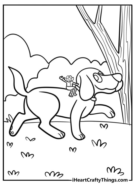 Cartoon dog carrying tiny rider outdoors near tree