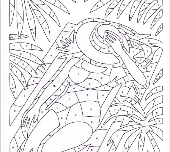 Line art of a woman lying among tropical leaves