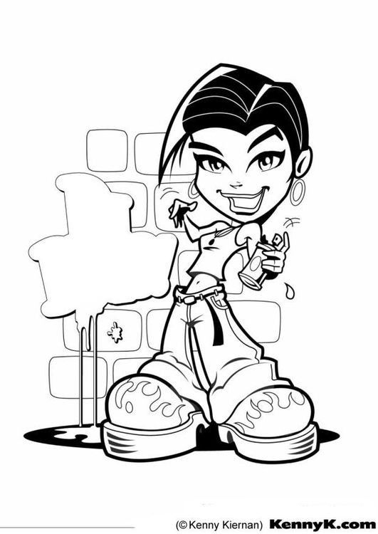 Cartoon girl graffiti artist beside blank paint-splashed brick wall