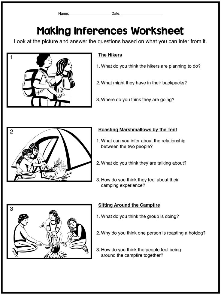 Camping inference worksheet with three illustrated scenes