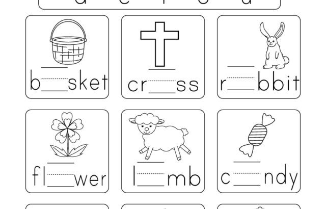 Easter phonics worksheet with pictures and vowel blanks