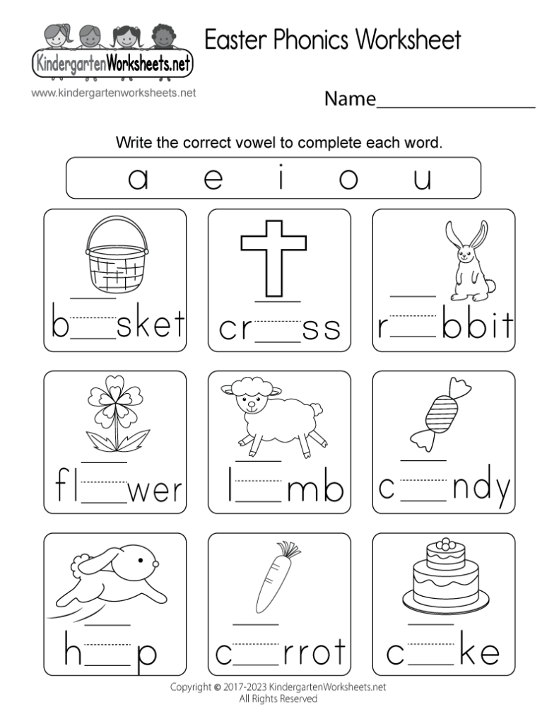 Easter phonics worksheet with pictures and vowel blanks