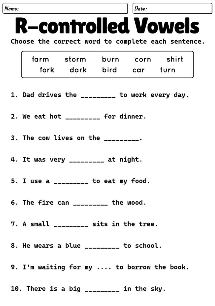 R-controlled vowels worksheet with fill-in-the-blank sentences