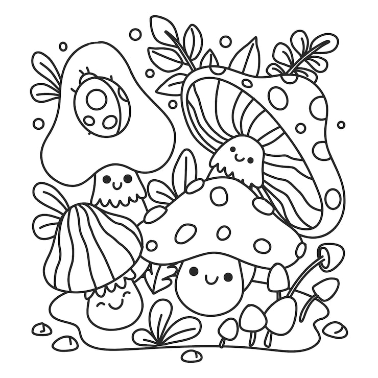 Cute cartoon mushrooms with leaves and dots