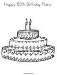 Black-and-white birthday cake with candles and “Happy 80th Birthday Nana!” text