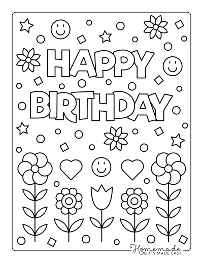 Happy Birthday coloring page with flowers and stars