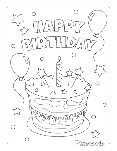 Birthday cake coloring page with balloons and stars