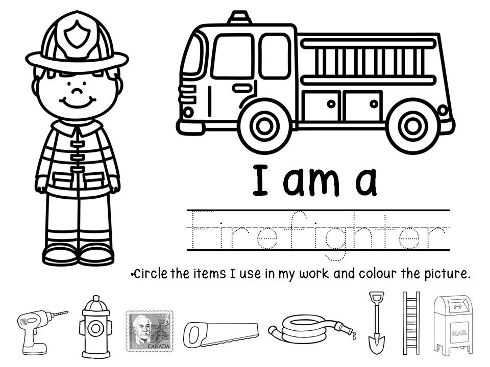 Firefighter worksheet with truck and tools icons