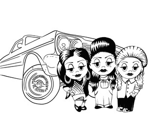 Three cartoon children standing beside a classic car