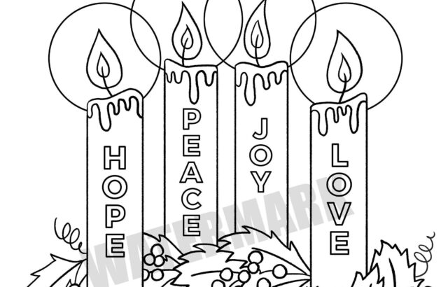 Advent coloring page with four candles and leaves