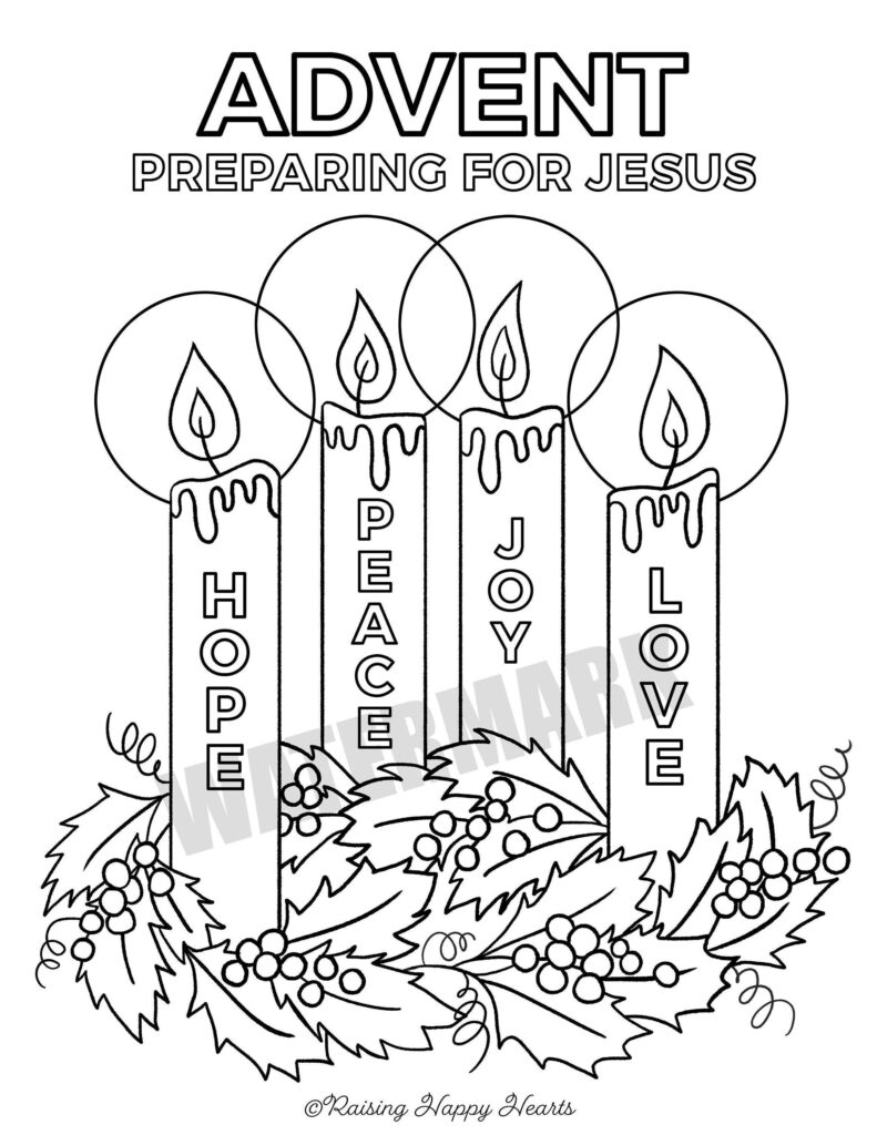 Advent coloring page with four candles and leaves