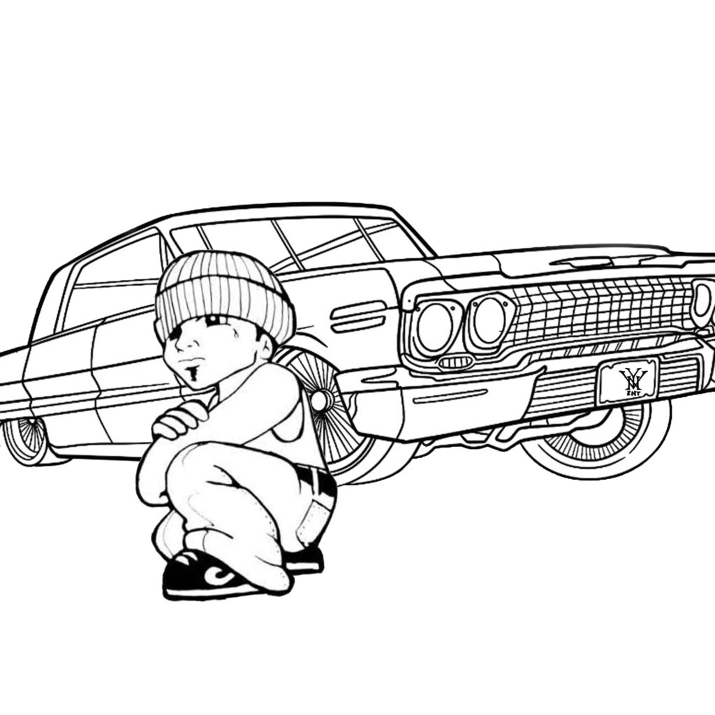 Cartoon boy crouching in front of classic car