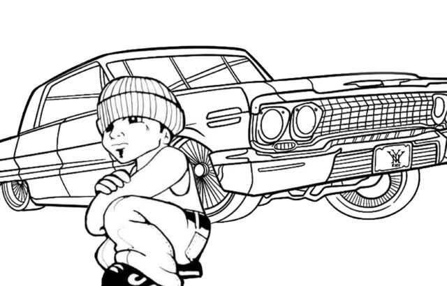 Cartoon boy crouching in front of classic car