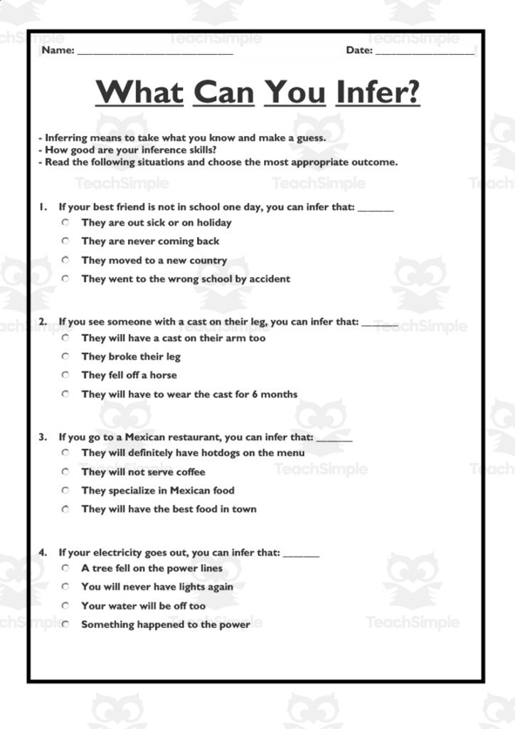 Inference worksheet with multiple-choice questions and blanks