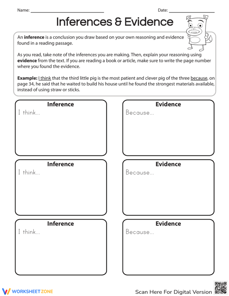 Inference and evidence worksheet with blank boxes
