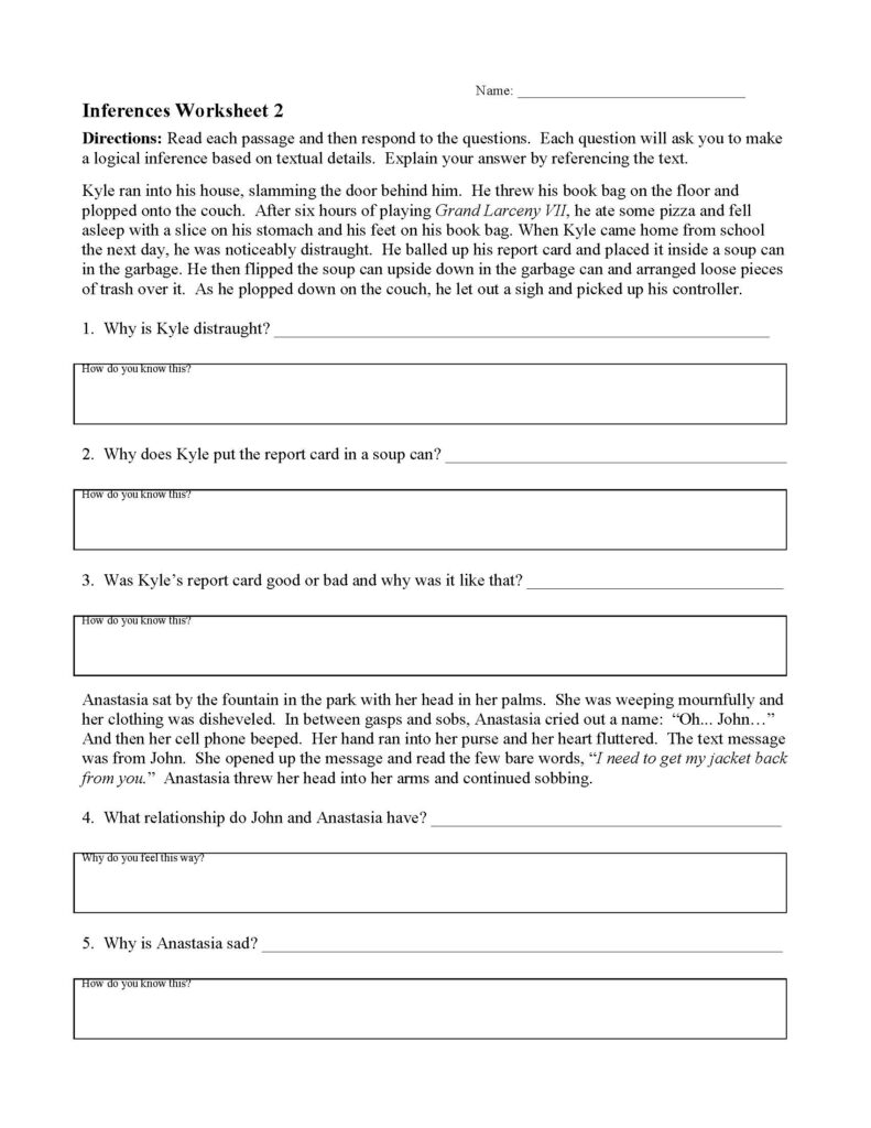 Inference worksheet page with reading questions and answer boxes