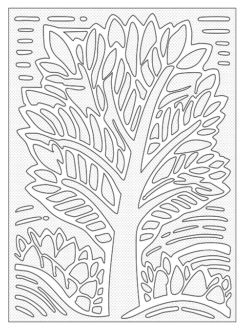 Black-and-white tree outline on dotted background