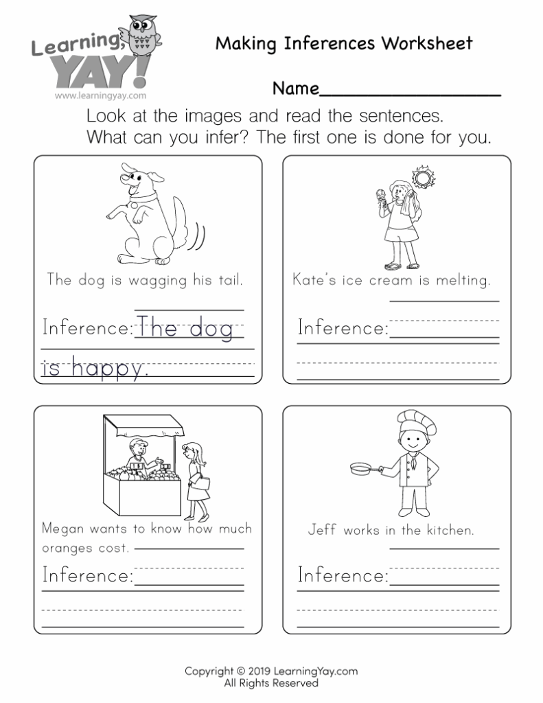 Inference worksheet with four cartoon scenarios