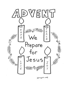 Advent wreath coloring page with candles and words