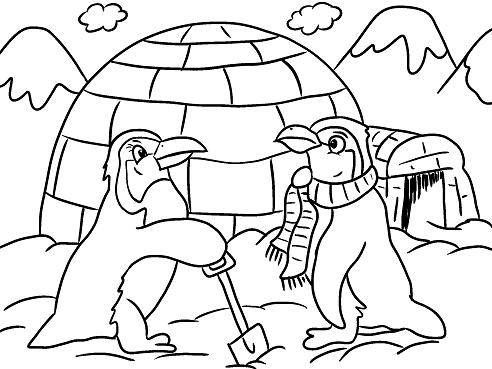 Two penguins beside an igloo in snow
