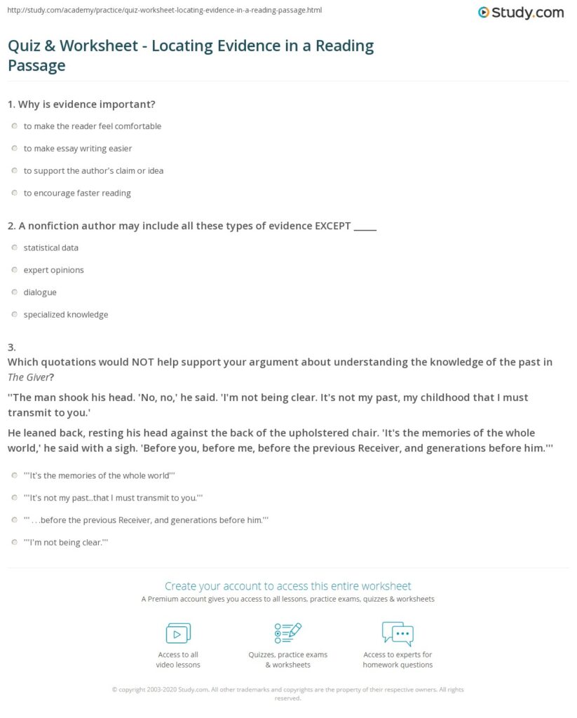 Study.com quiz worksheet webpage with multiple-choice questions