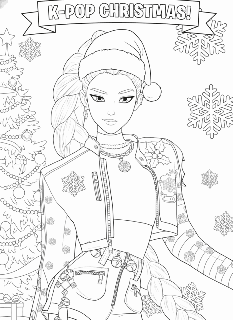 Christmas-themed coloring page of woman beside decorated tree