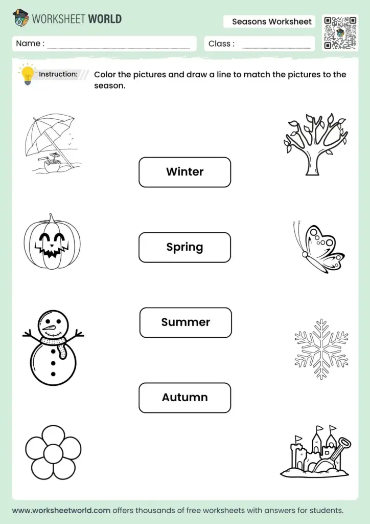Seasons worksheet with seasonal pictures and labels