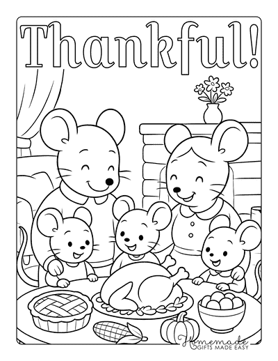 Thankful! mice family gathered around Thanksgiving meal