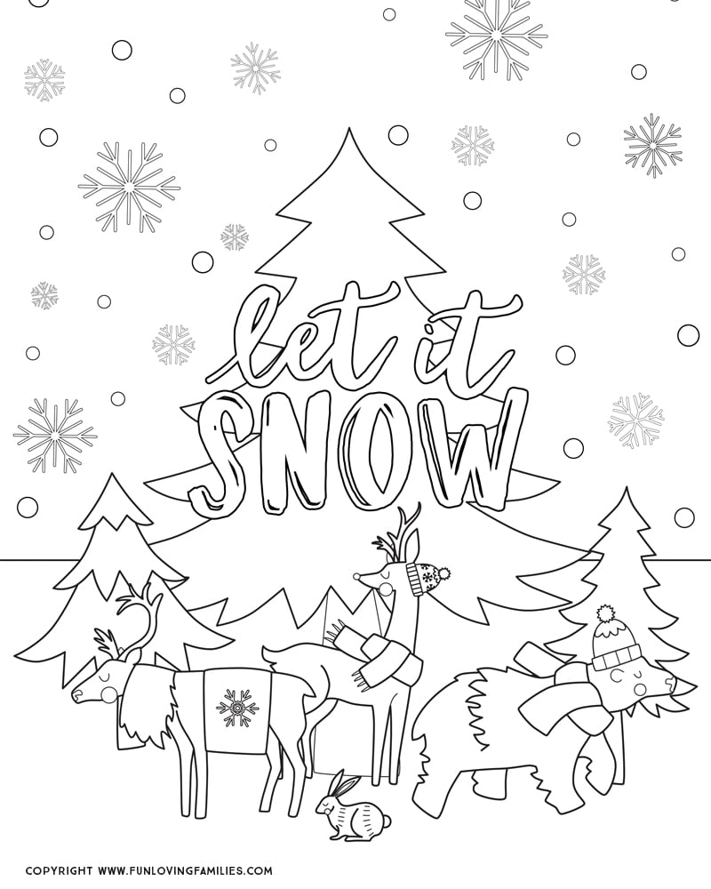 Winter coloring page with trees, snowflakes, and animals