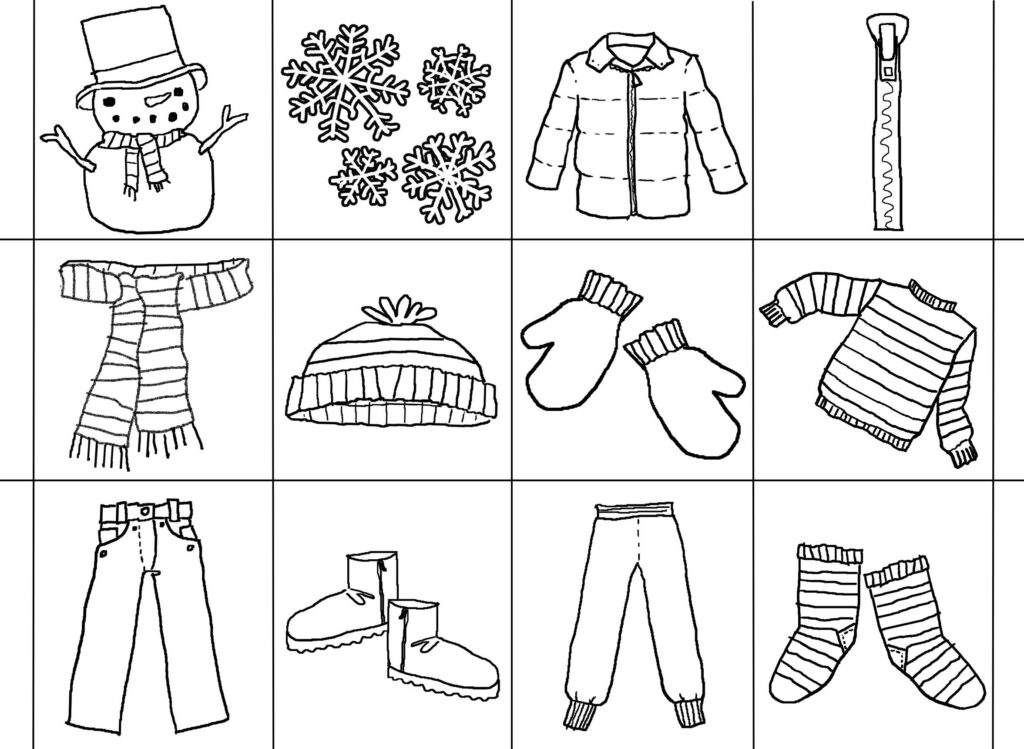 Winter clothes and snowflakes in a grid