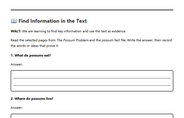 Possum text evidence worksheet with questions and answer boxes