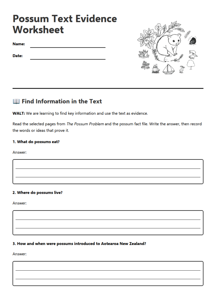 Possum text evidence worksheet with questions and answer boxes