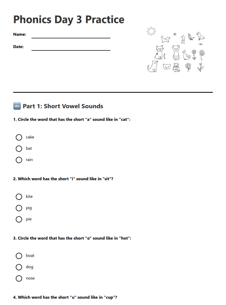 Phonics worksheet page with short vowel questions and animal doodles