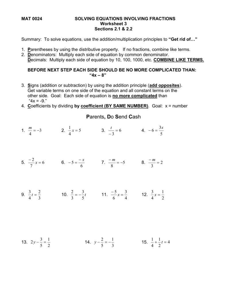 Math worksheet titled solving equations involving fractions with problems