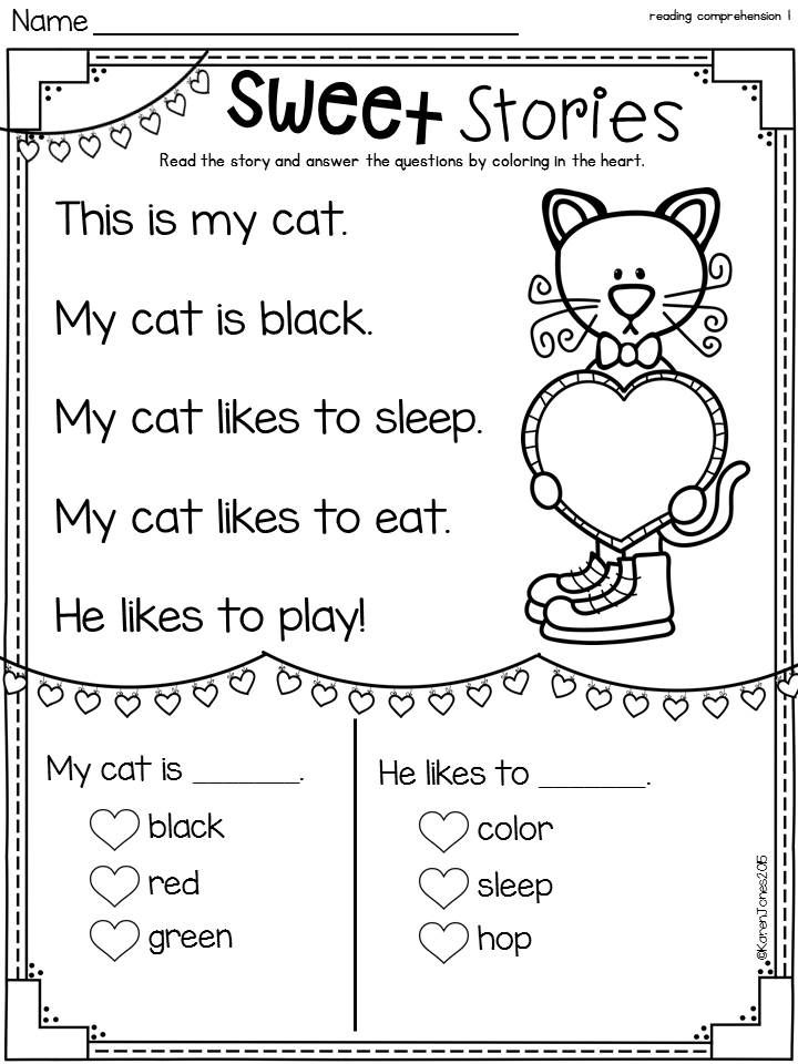 Cat reading comprehension worksheet with heart decorations