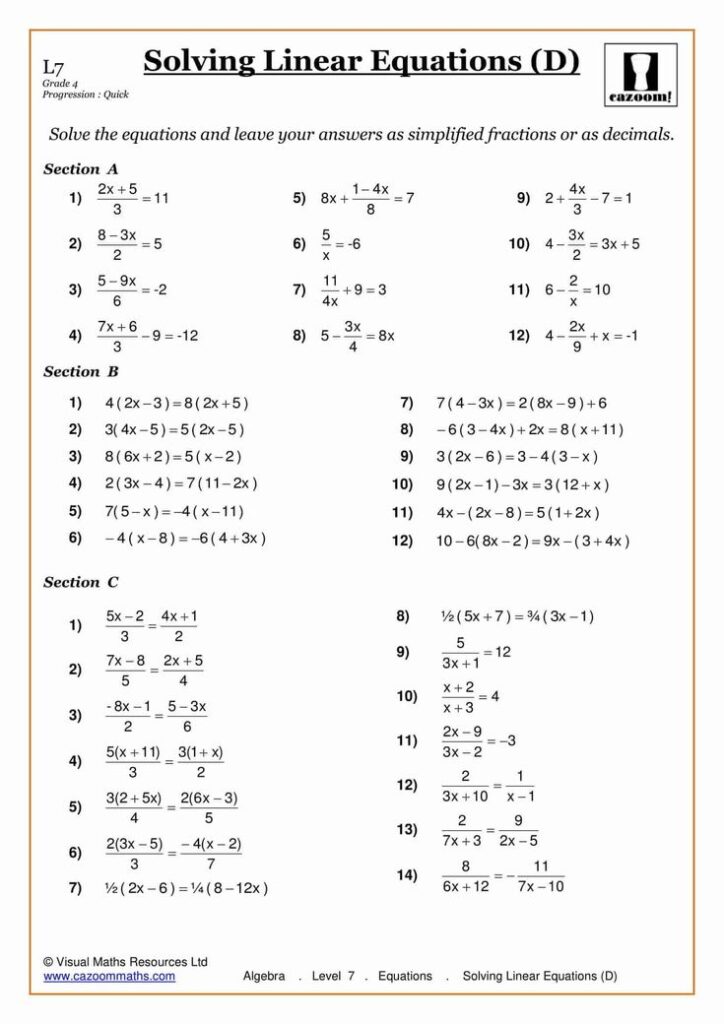 Math worksheet titled Solving Linear Equations with sections A-C