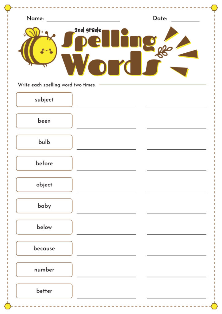 Second grade spelling words worksheet with bee illustration