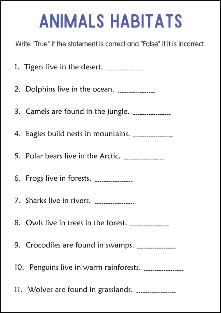 Animals habitats worksheet with true-false statements