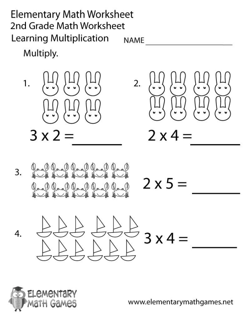 Elementary math multiplication worksheet with bunny, crab, sailboat pictures