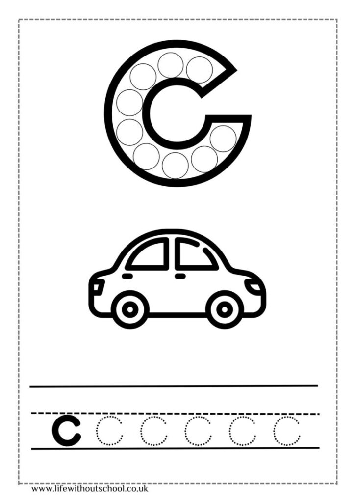 Letter C worksheet with car and tracing circles