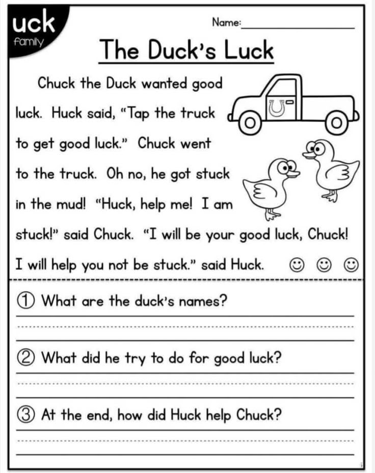 Duck reading worksheet with truck and two ducks