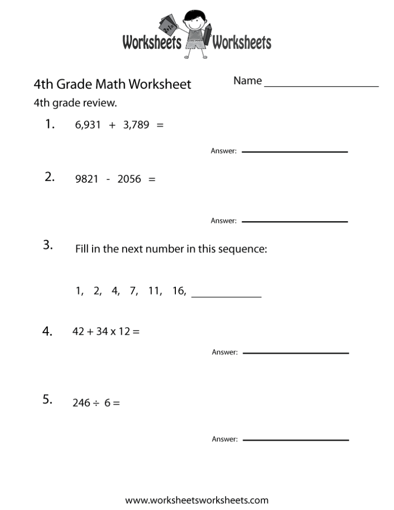 Black-and-white fourth grade math worksheet with problems.
