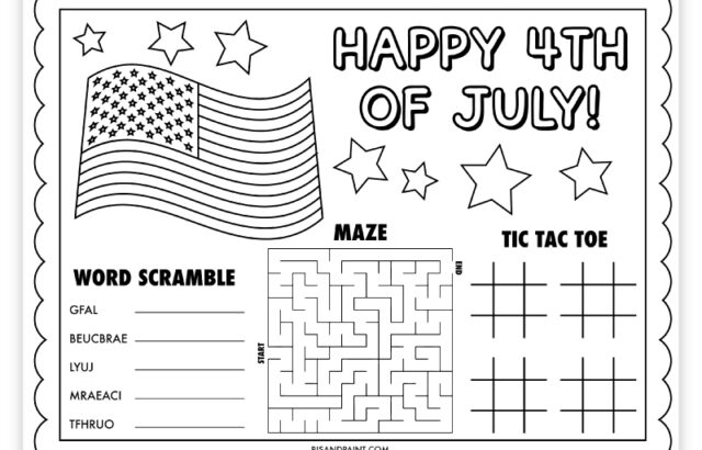 Fourth of July worksheet with flag, stars, and games