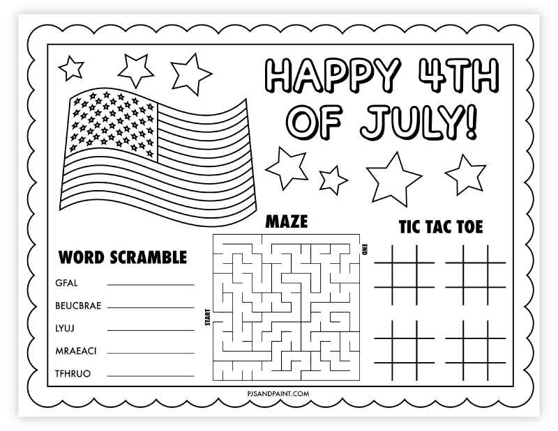 Fourth of July worksheet with flag, stars, and games