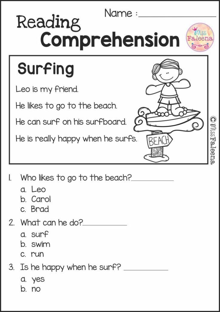 Black-and-white surfing reading comprehension worksheet page