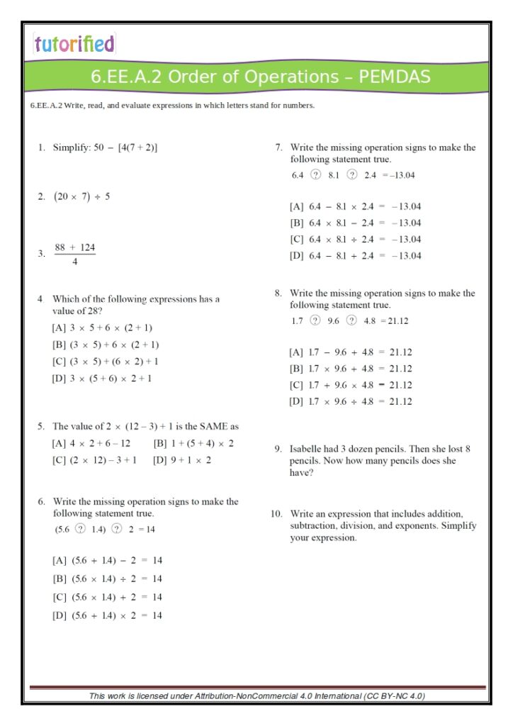 Order of operations worksheet with algebra problems and answers