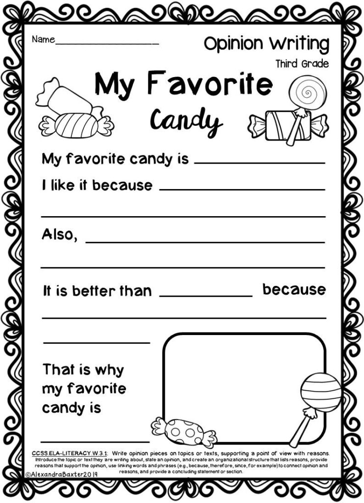 Third grade opinion writing worksheet about favorite candy