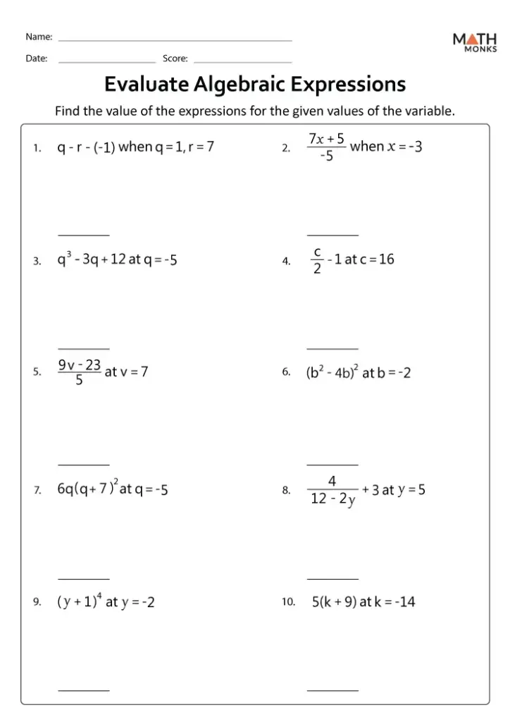 Algebra worksheet with ten expression problems and blanks
