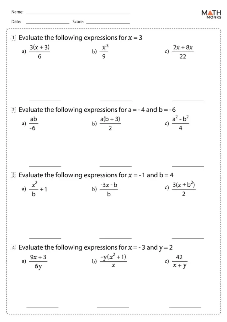 Math worksheet with four expression-evaluation problems and blanks