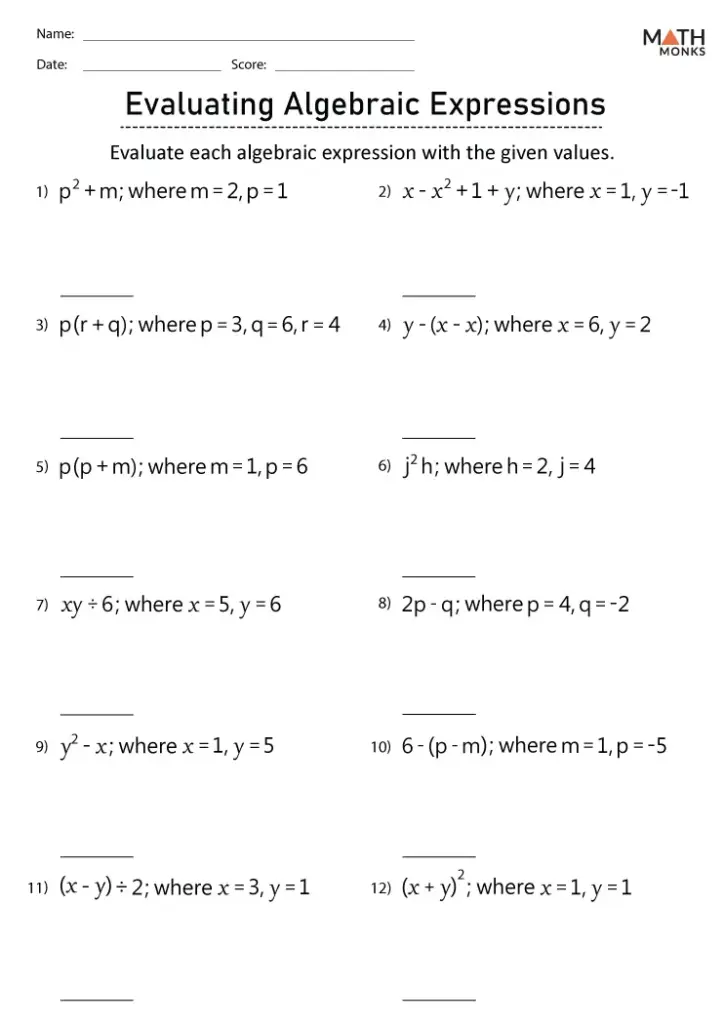 Algebra worksheet titled Evaluating Algebraic Expressions
